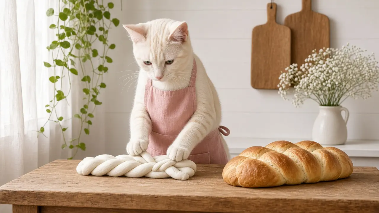 A cream-coloured cat in a pink apron, cooking this dish
