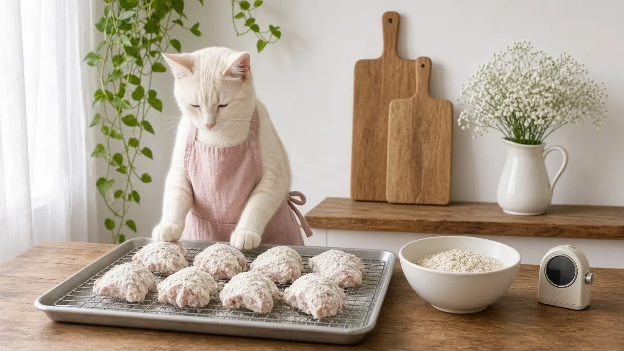 A cream-coloured cat in a pink apron, cooking this dish