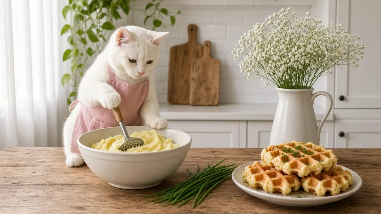 A cream-coloured cat in a pink apron, cooking this dish