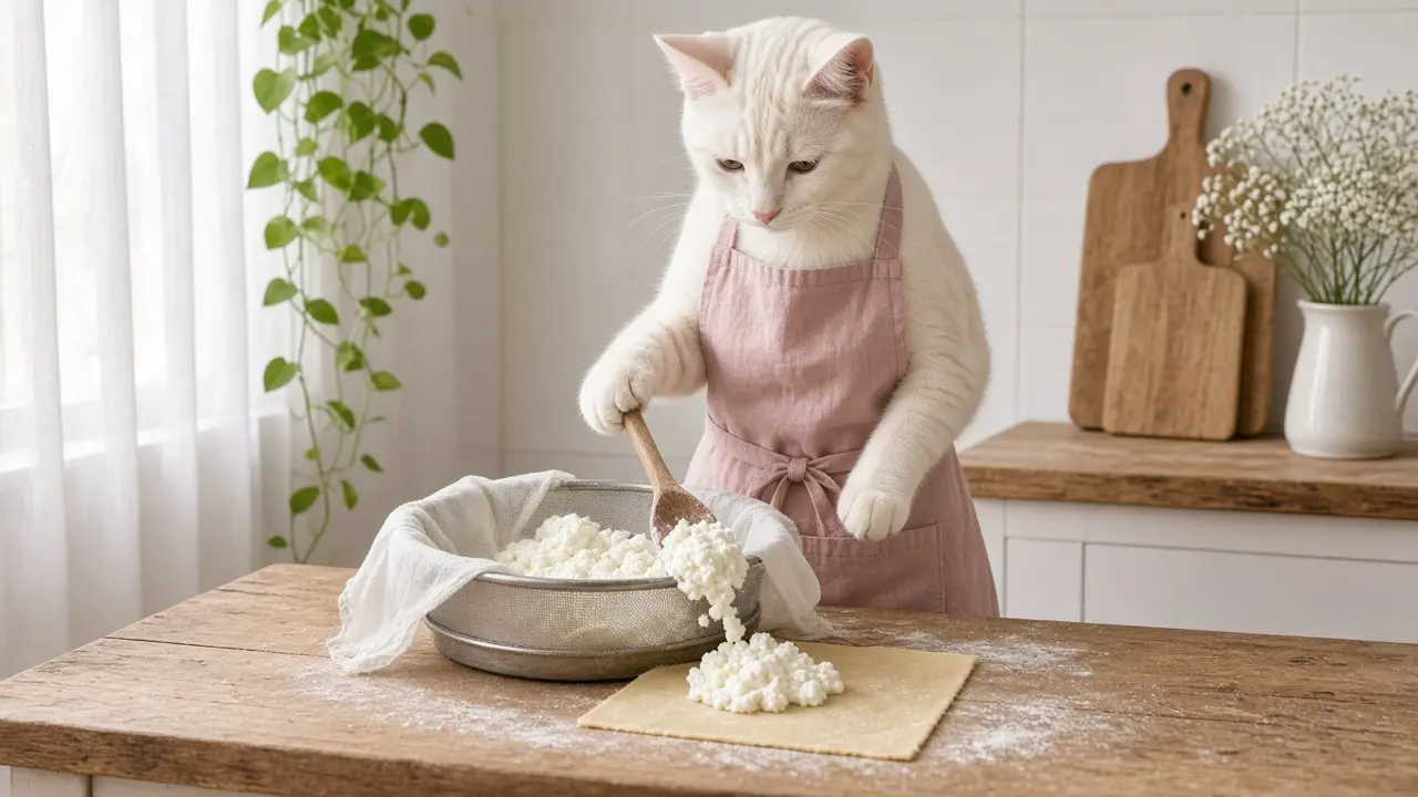 A cream-coloured cat in a pink apron, cooking this dish