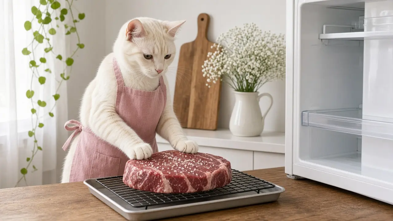 A cream-coloured cat in a pink apron, cooking this dish