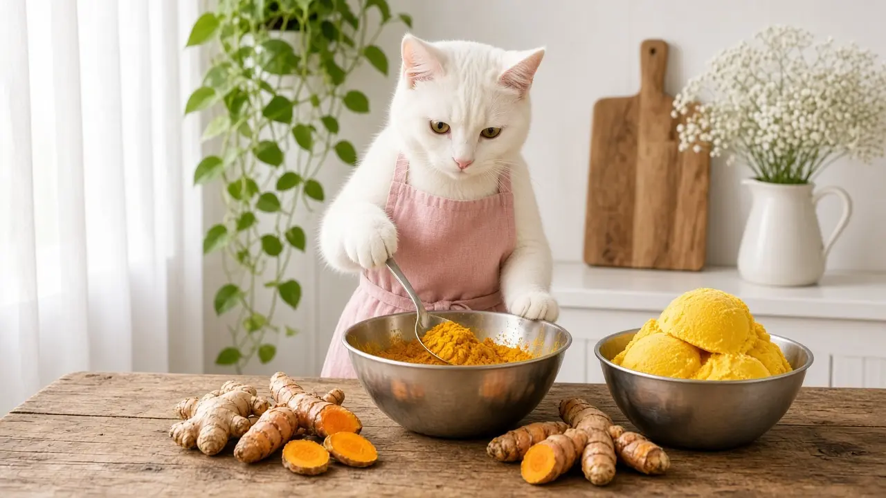 A cream-coloured cat in a pink apron, cooking this dish