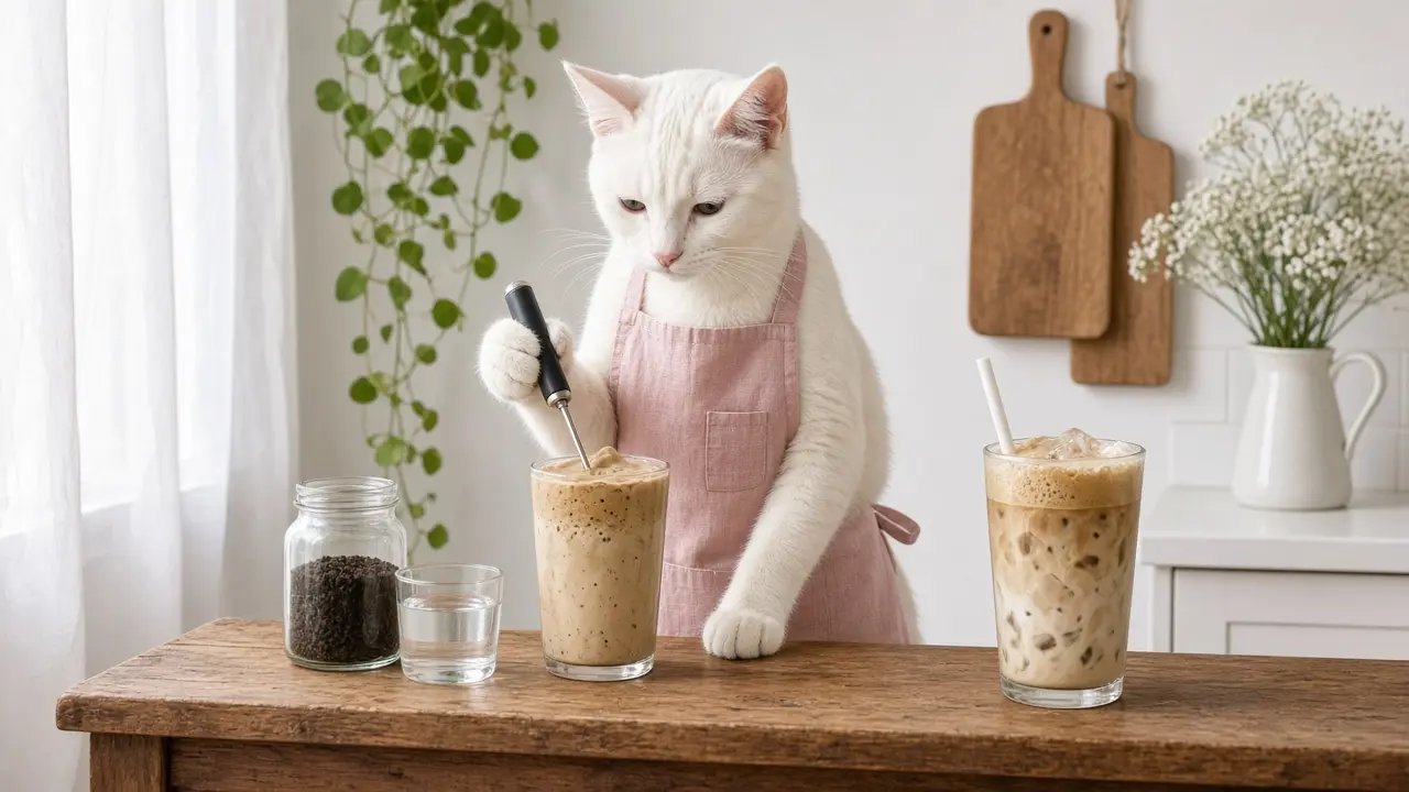 A cream-coloured cat in a pink apron, cooking this dish