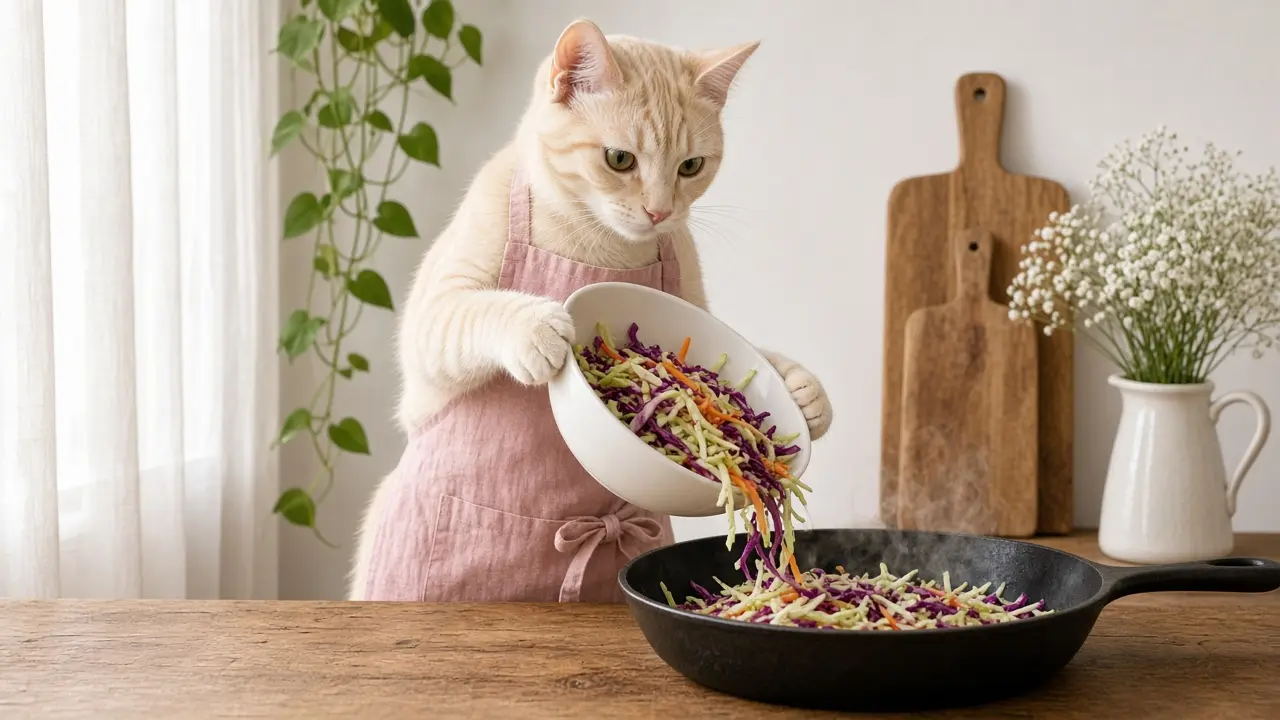 A cream-coloured cat in a pink apron, cooking this dish