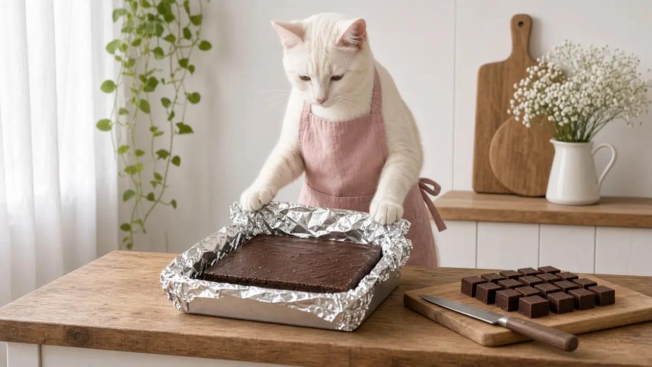 A cream-coloured cat in a pink apron, cooking this dish