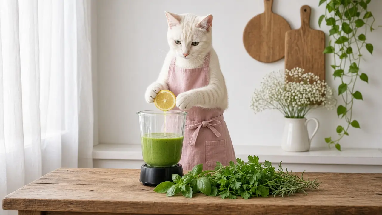 A cream-coloured cat in a pink apron, cooking this dish