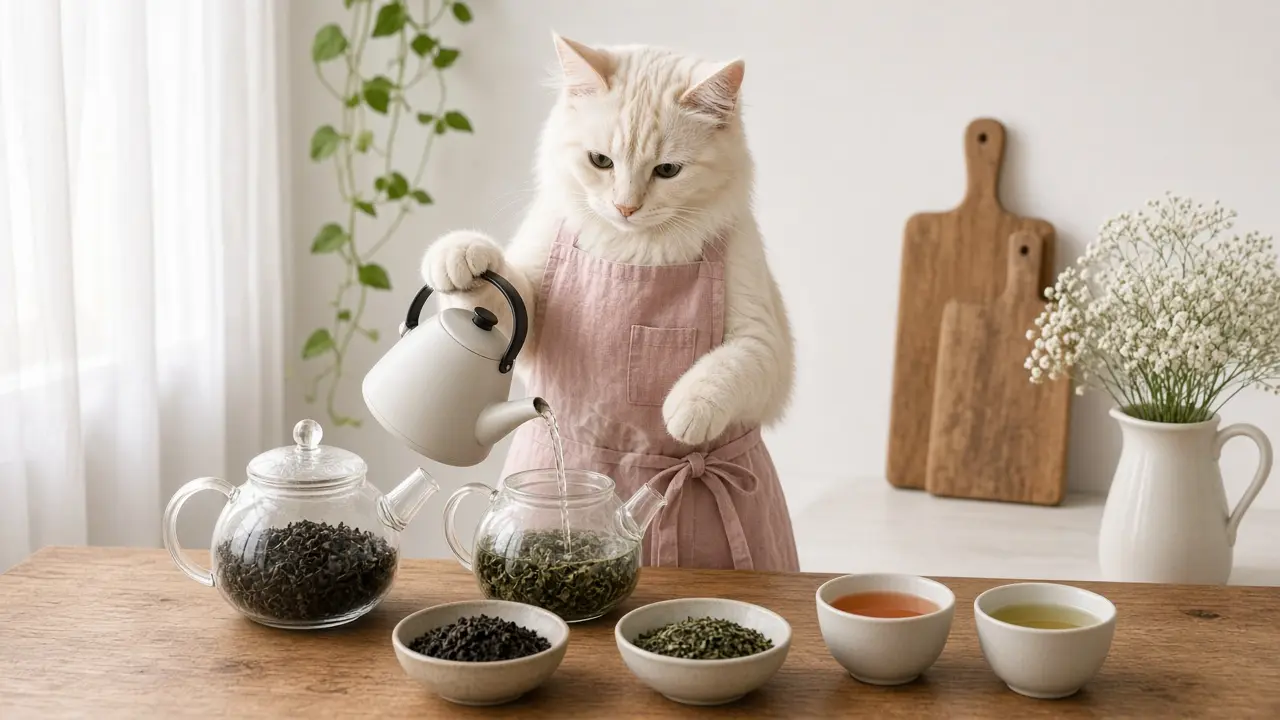 A cream-coloured cat in a pink apron, cooking this dish
