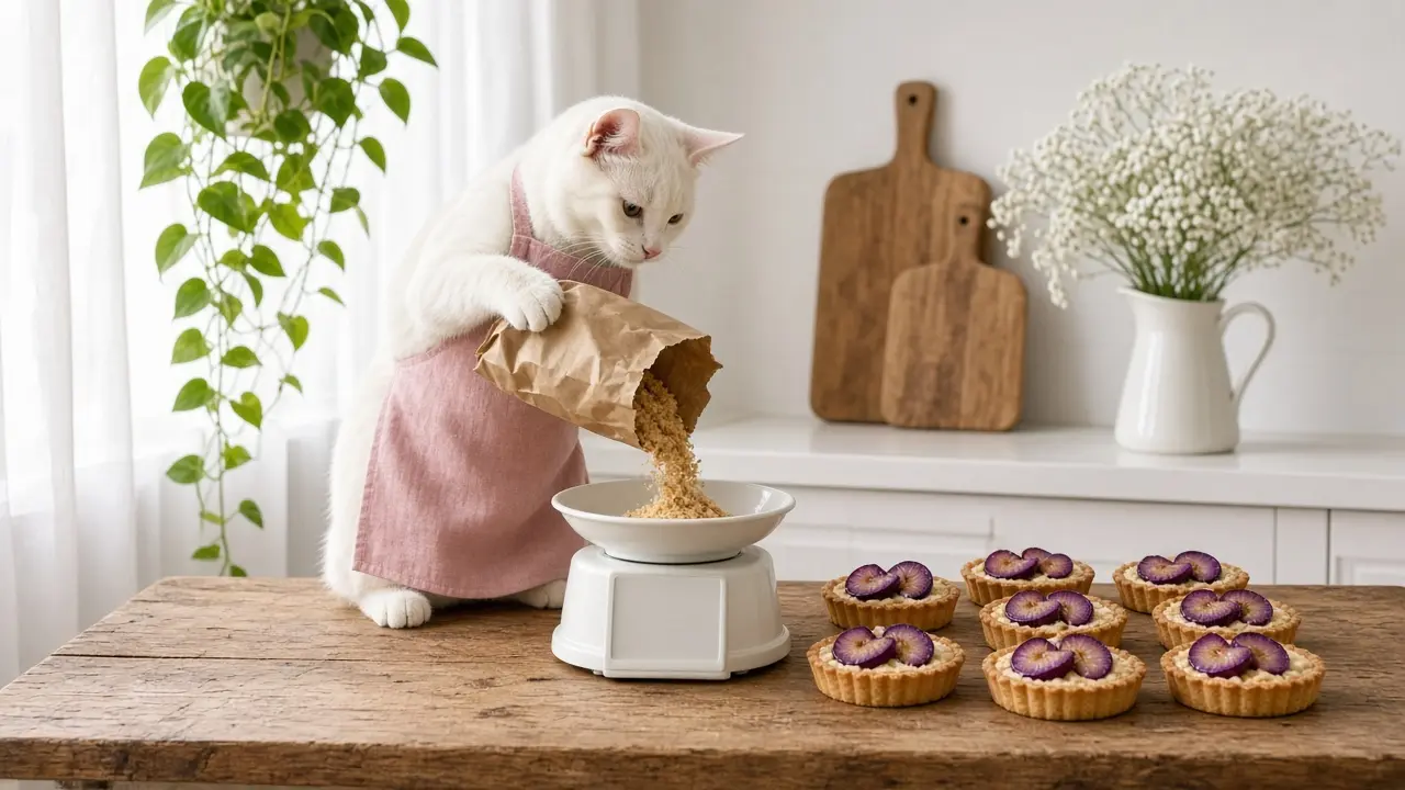 A cream-coloured cat in a pink apron, cooking this dish