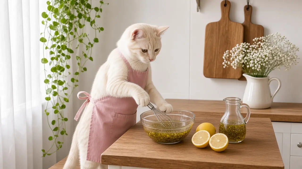 A cream-coloured cat in a pink apron, cooking this dish