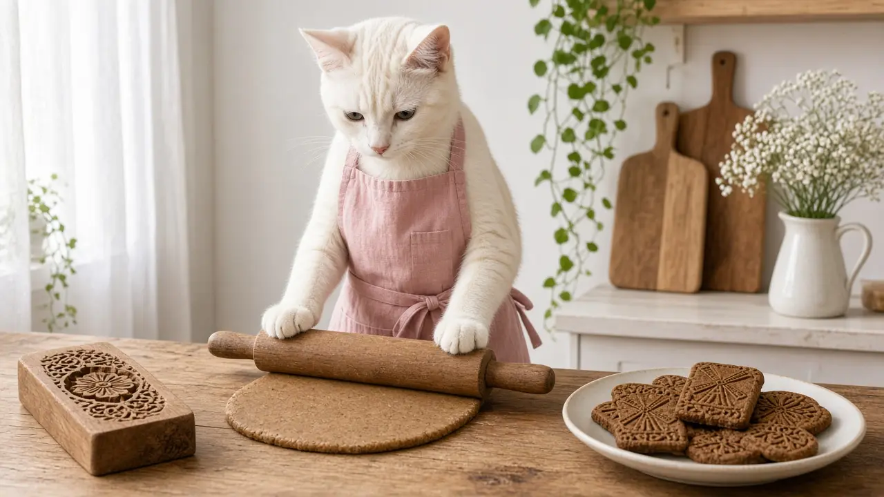 A cream-coloured cat in a pink apron, cooking this dish