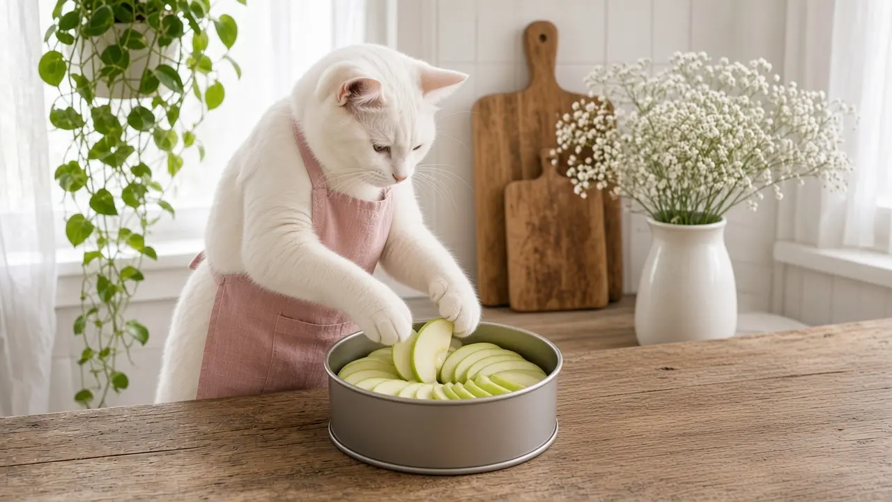 A cream-coloured cat in a pink apron, cooking this dish