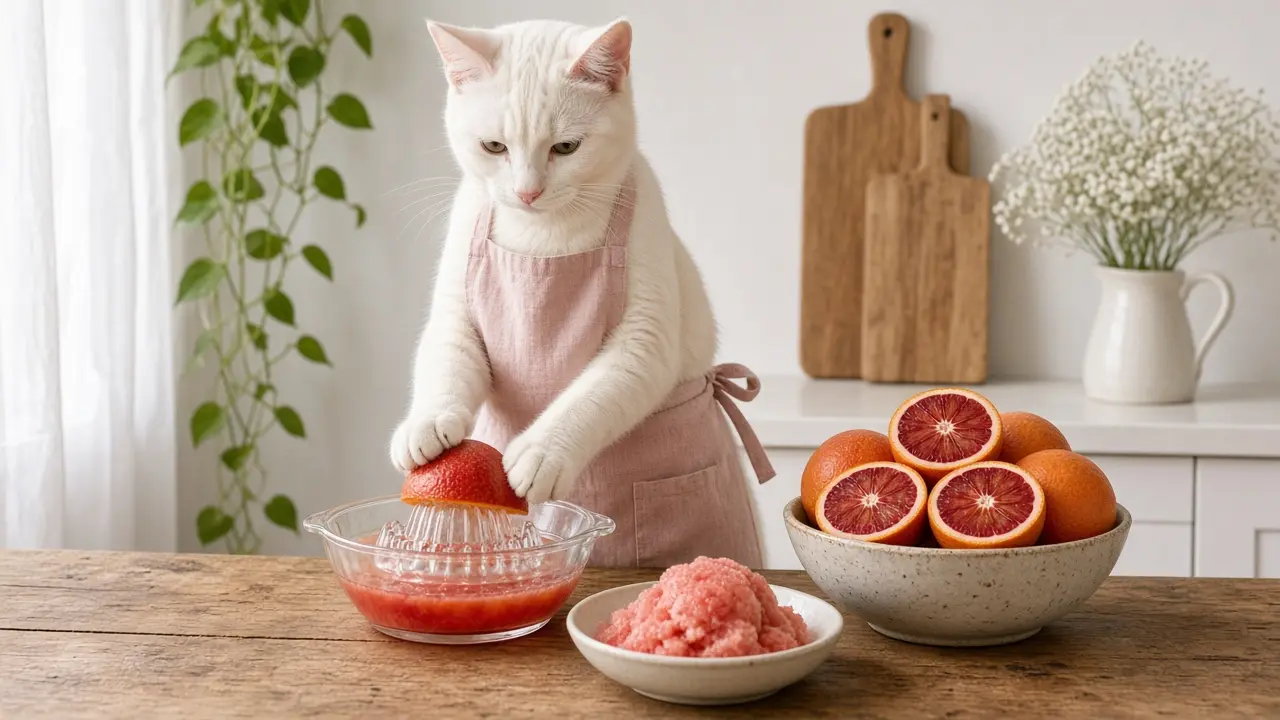 A cream-coloured cat in a pink apron, cooking this dish