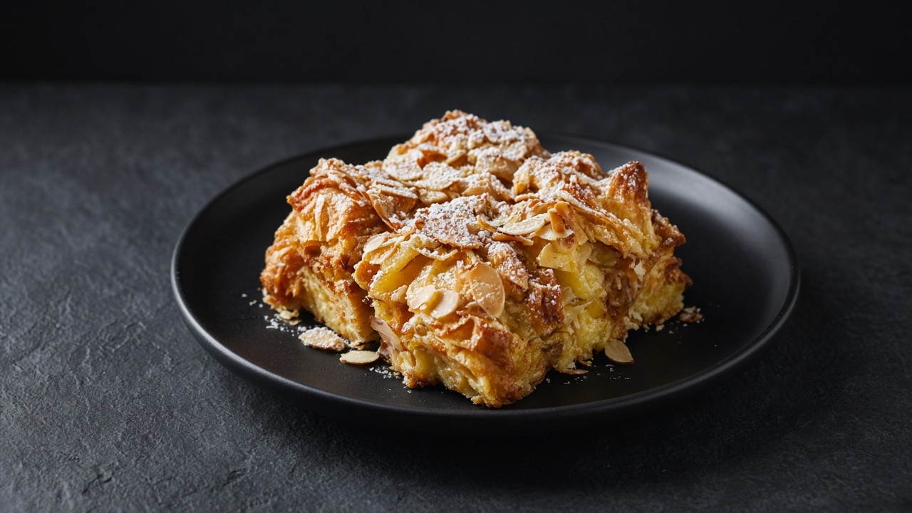 A baked square of torn croissant pieces in golden set custard, scattered with toasted almonds and dusted with icing sugar.