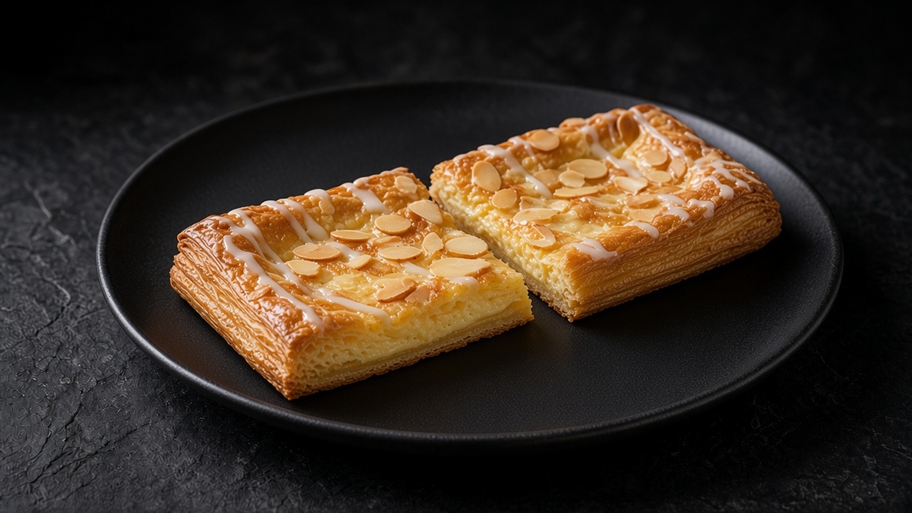 Two slices of almond-glazed Danish puff pastry topped with toasted sliced almonds on a black plate.
