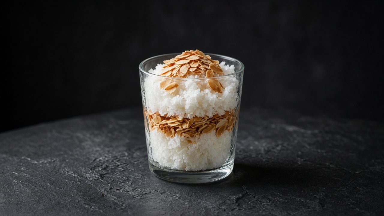 A small glass of snowy white almond milk granita layered and topped with toasted flaked almonds.