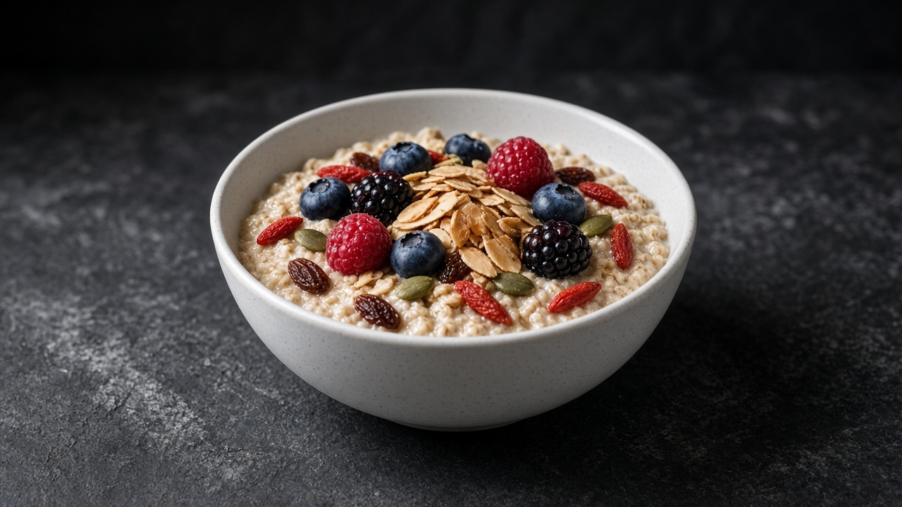 A white bowl of oat muesli with goji berries and raisins, topped with blueberries, raspberries, blackberries, flaked almonds and pumpkin seeds.