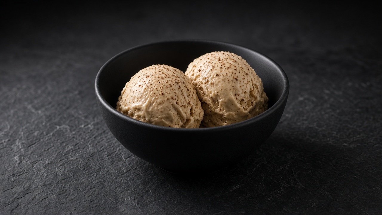 Two scoops of pale caramel apple and brown butter custard ice cream flecked with nutmeg in a black bowl.