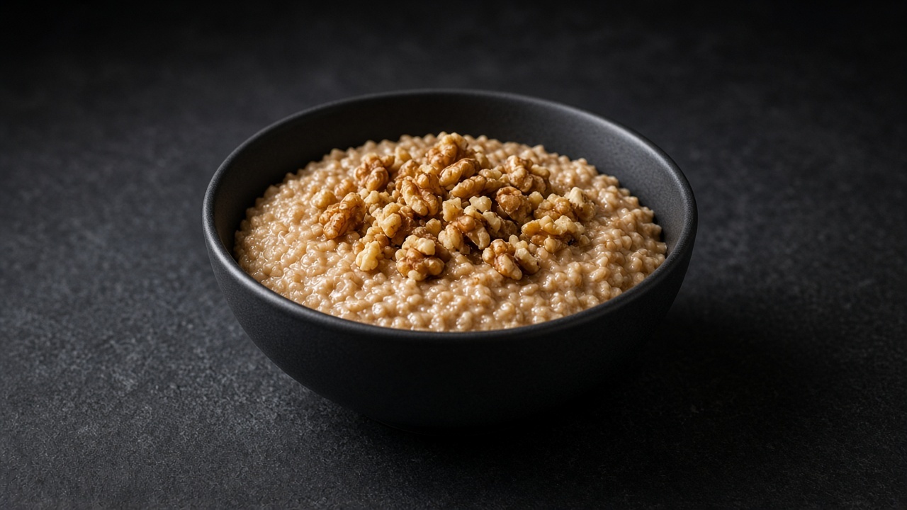 A bowl of creamy apple and cinnamon steel-cut oatmeal topped with chopped toasted walnuts.