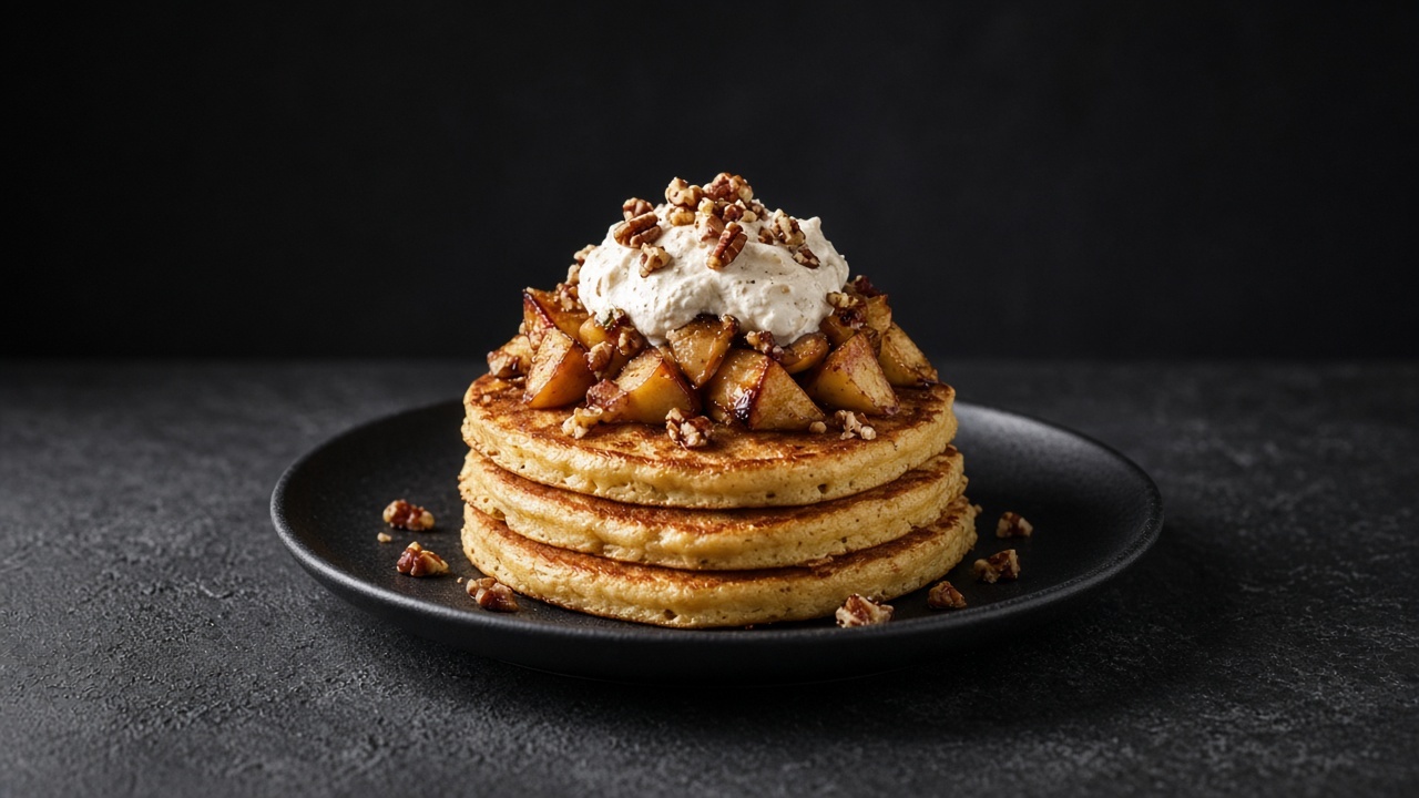 Stack of spiced pancakes topped with caramelised apple chunks, maple cream and toasted pecan pieces.
