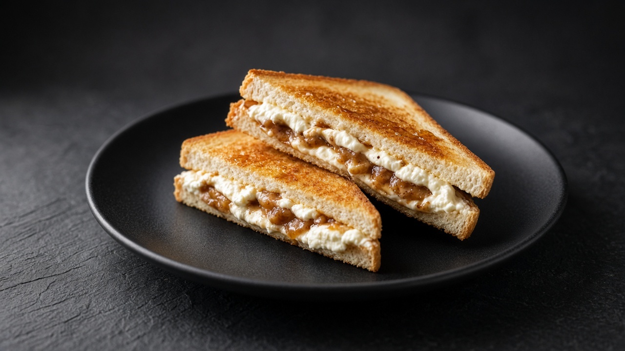 A golden pan-fried sandwich cut into triangles, showing a filling of cream cheese and spiced apple butter.