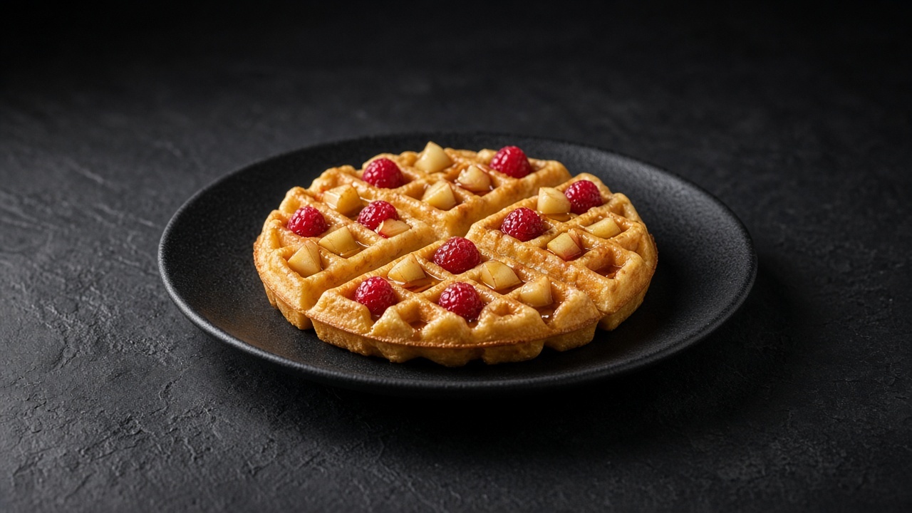 A golden waffle studded with soft apple pieces and whole raspberries, served with maple syrup.