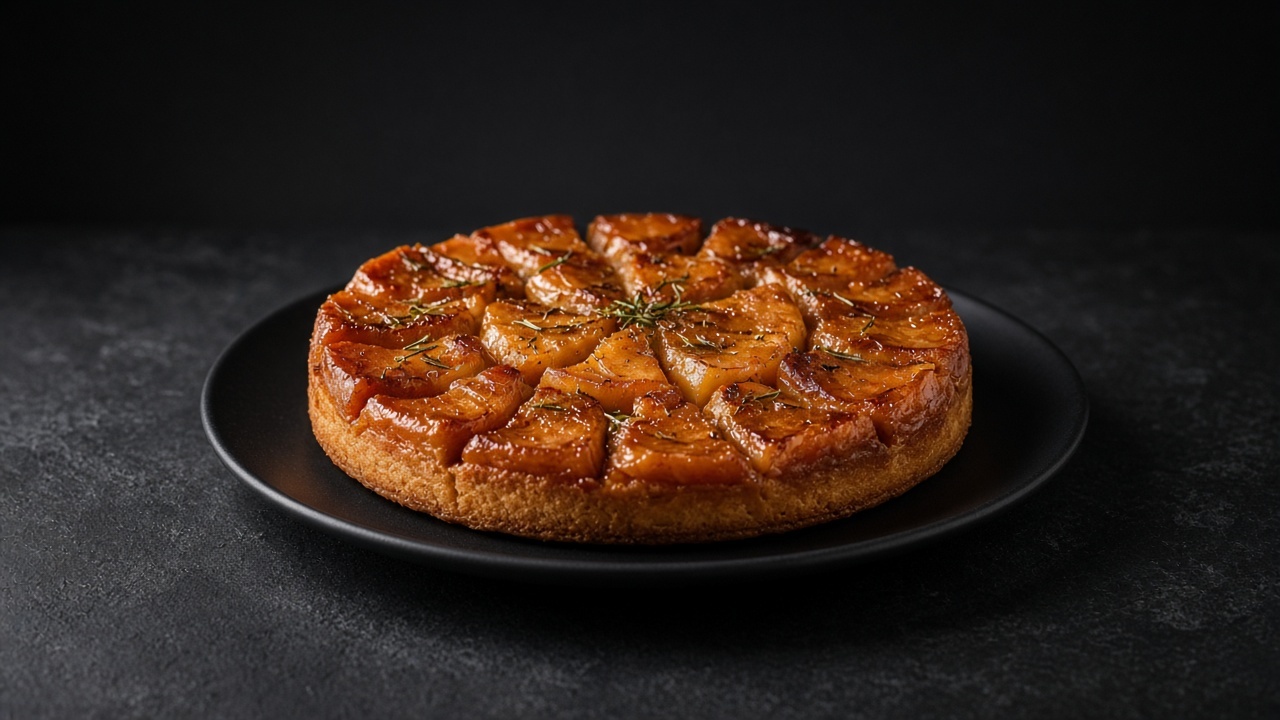An apple tarte Tatin with deep amber apple quarters and flecks of chopped rosemary.