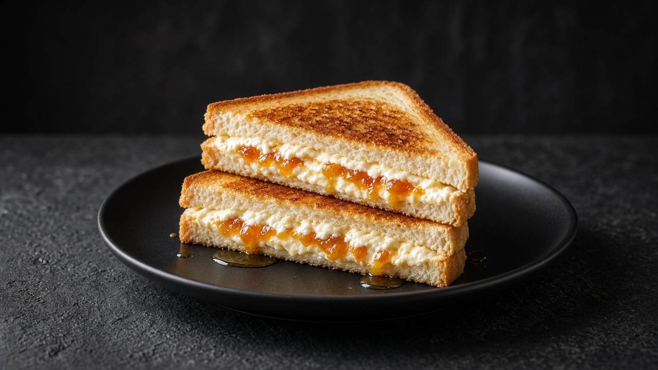 Fried sandwich triangles with a golden crust and a soft apricot and almond cream cheese centre, served with maple syrup.