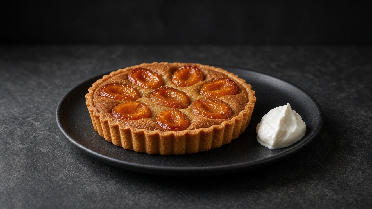 A deep golden frangipane tart with caramelised apricot halves set into the top, with crème fraîche.