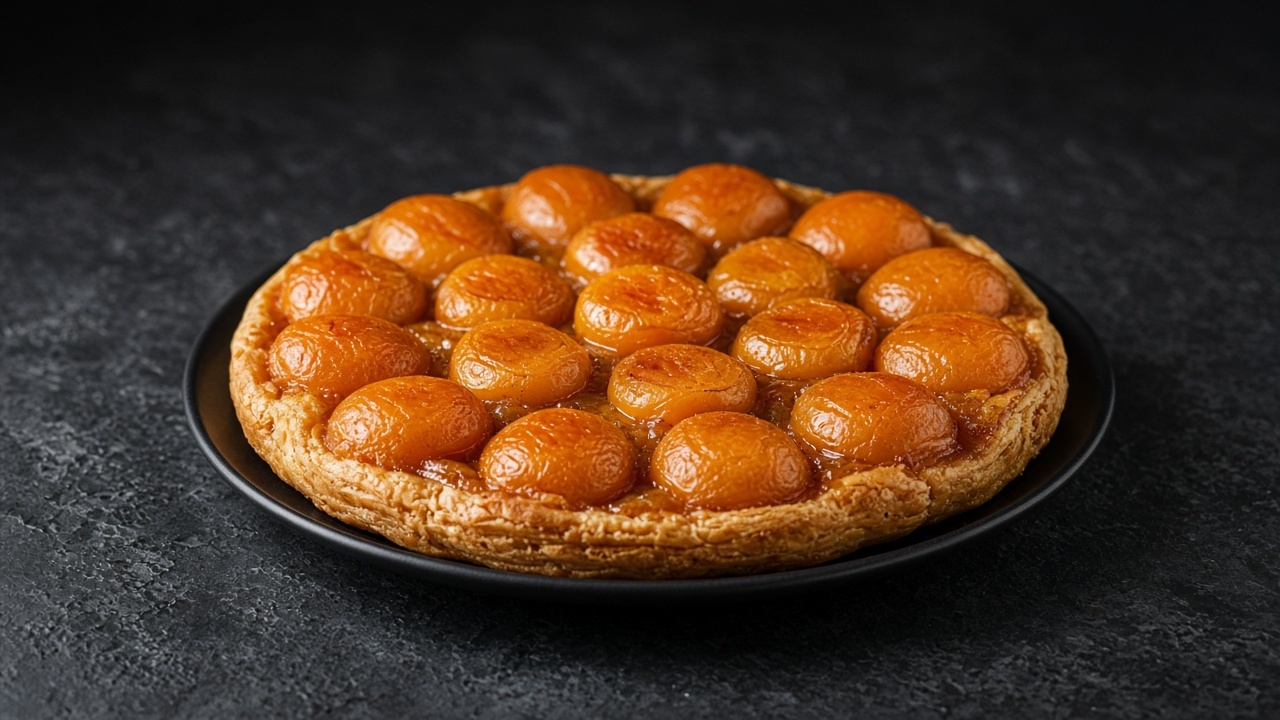 An apricot tarte Tatin with rings of caramelised apricot halves on a crisp pastry round.