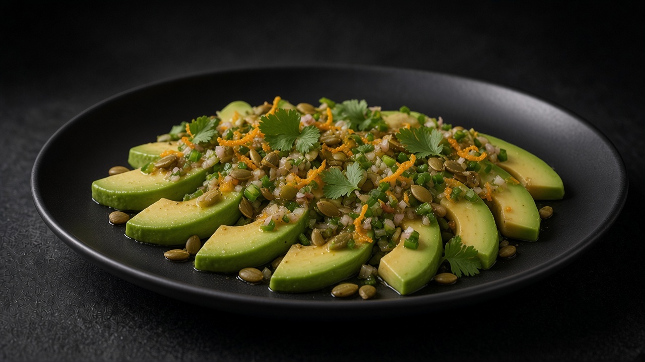 Shingled avocado slices topped with a flecked pumpkin seed and citrus dressing on a matte dark plate.