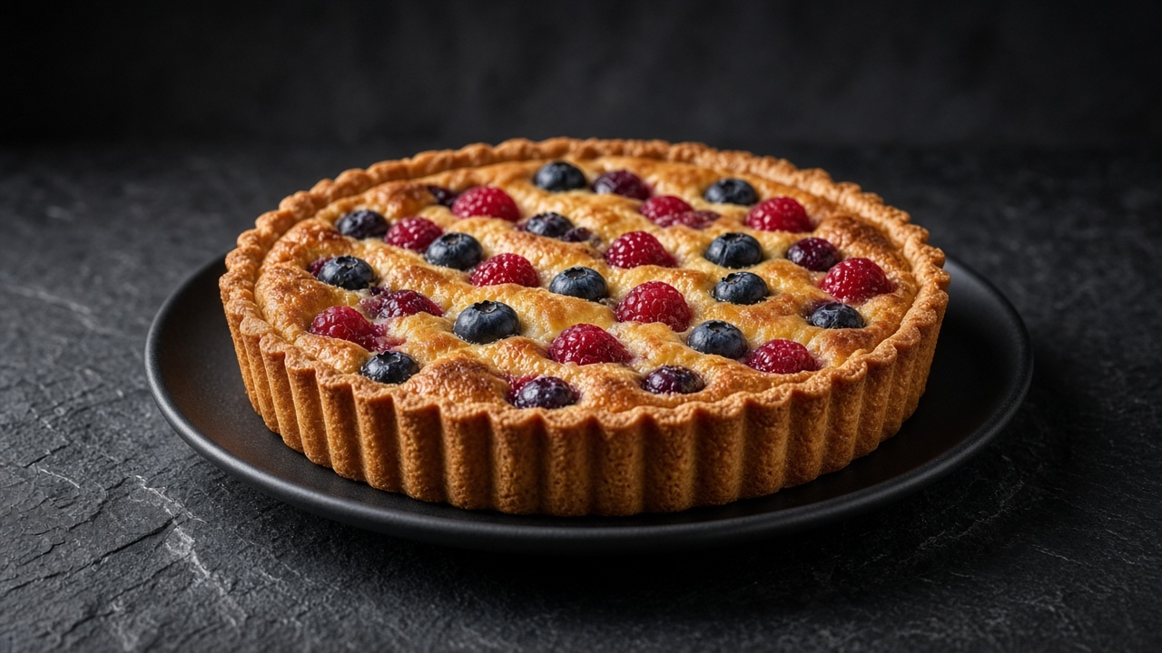 A fluted tart with berries peeking through a puffed, deep golden brown butter filling.
