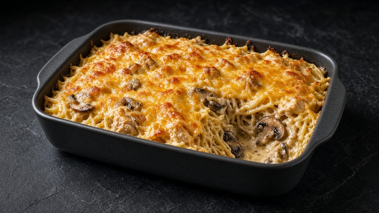 A baking dish of golden, bubbling chicken spaghetti with mushrooms and melted Cheddar on top, one corner scooped out.