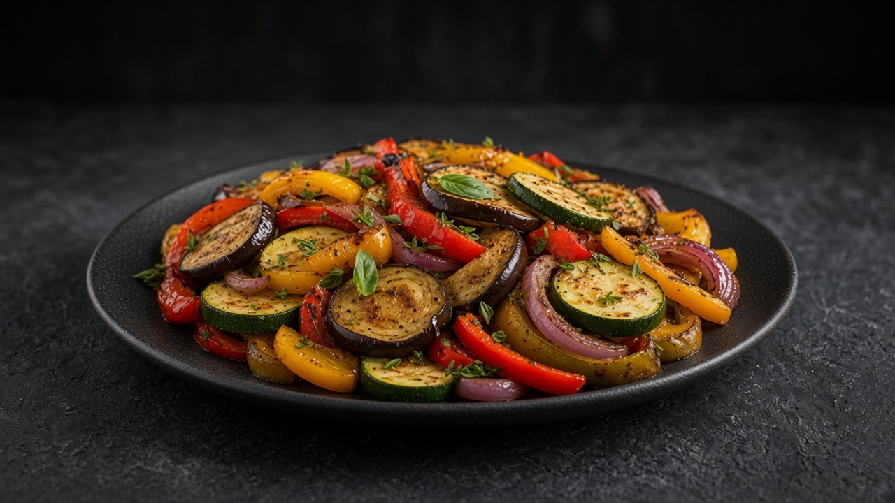 Balsamic roasted mixed vegetables piled on a matte dark plate.