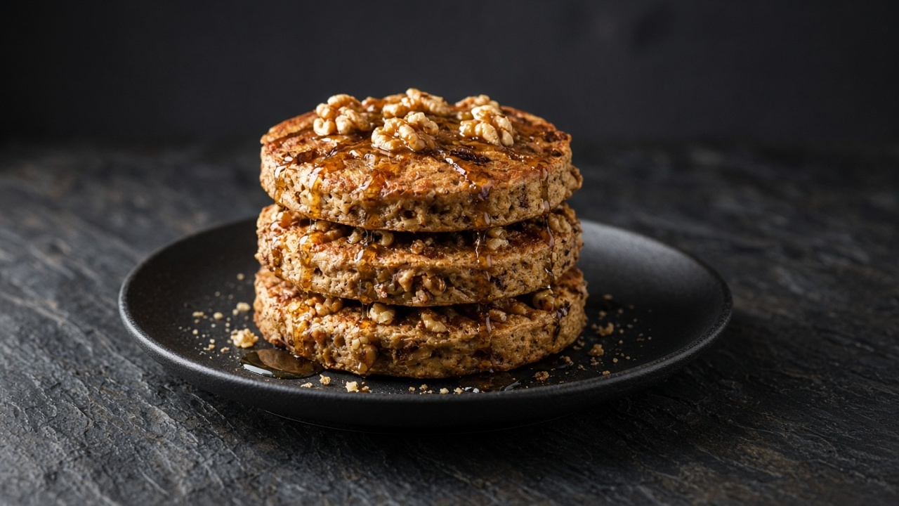 Stack of golden-brown banana bread pancakes topped with toasted walnut pieces and drizzled with maple syrup.