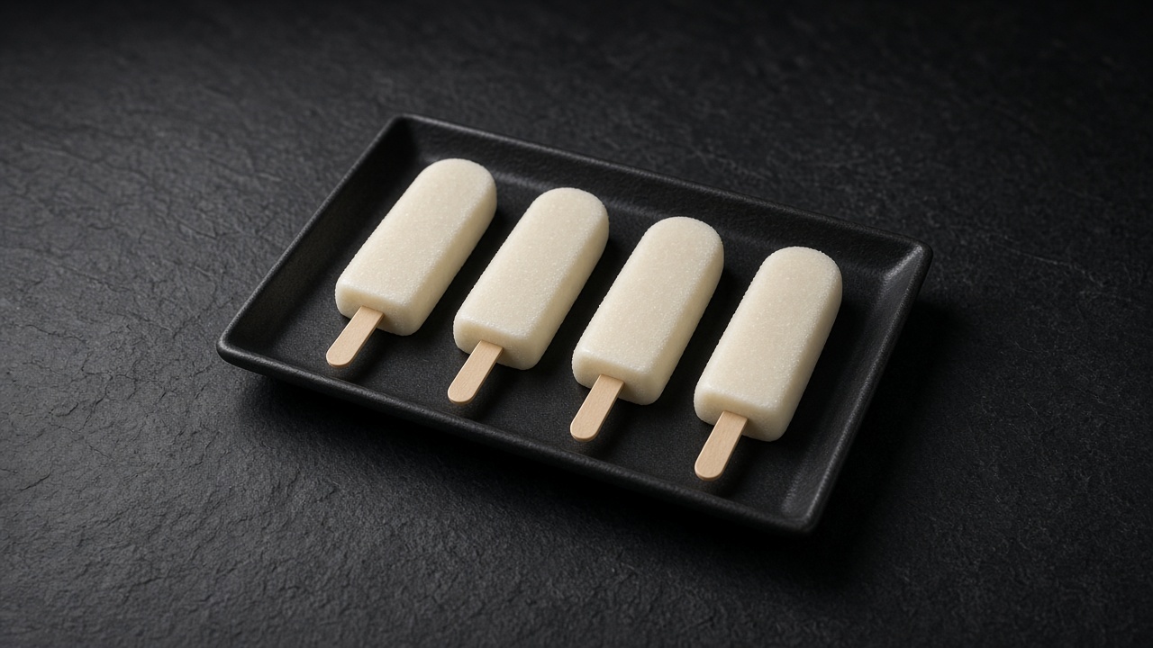 Four smooth pale cream banana milk ice pops on wooden sticks on a black tray.