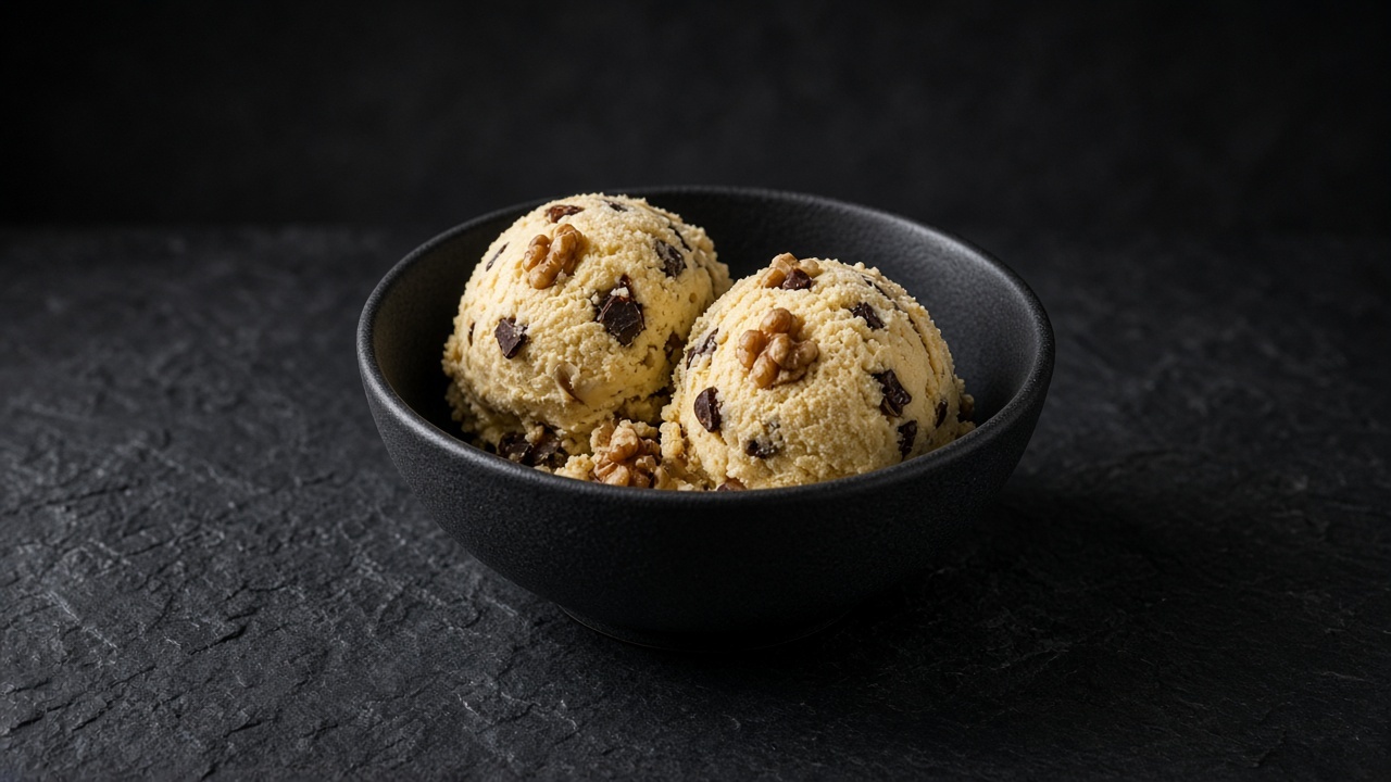 Two scoops of pale gold banana ice cream with walnut pieces and dark chocolate chunks in a black bowl.