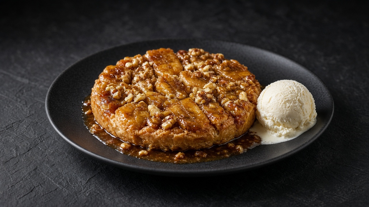 A banana tarte Tatin with caramelised banana pieces and walnuts in brown sugar sauce, with a scoop of ice cream.