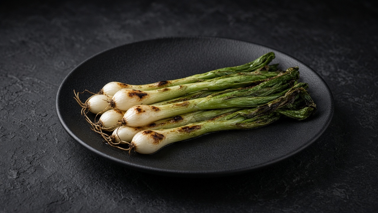 Charred whole barbecued spring onions on a matte dark plate.