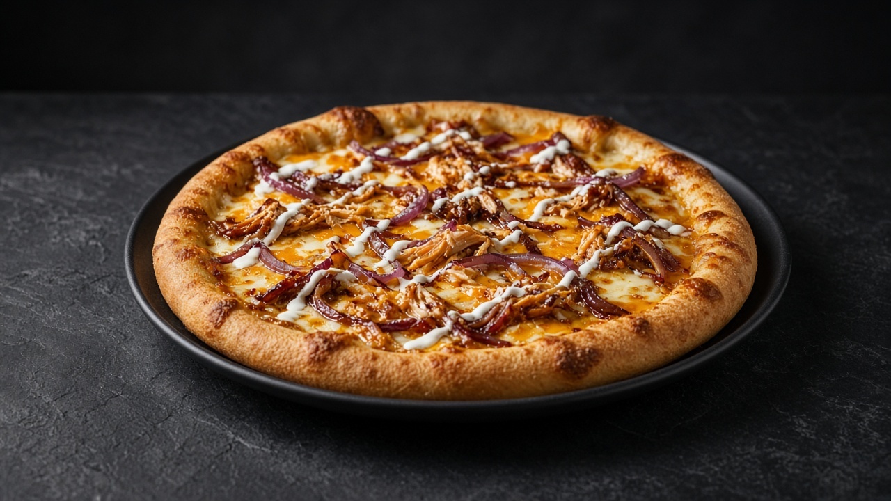 A pizza with a golden crust, shredded chicken, caramelised red onion slices, melted cheddar and Monterey Jack cheese, with white soured cream streaks drizzled over.