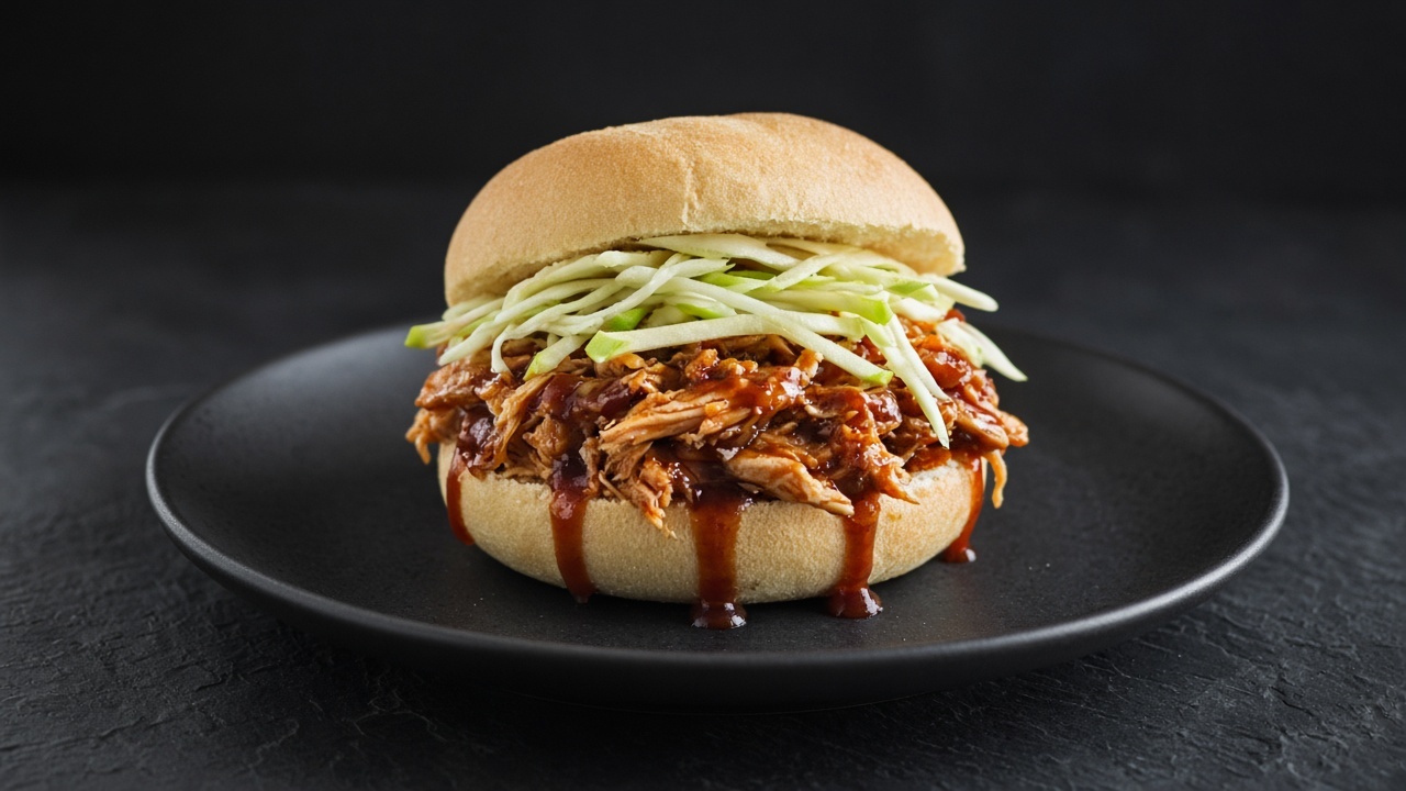 Soft bun overflowing with shredded barbecue chicken and a tangle of crisp apple slaw, with sauce dripping down the sides.