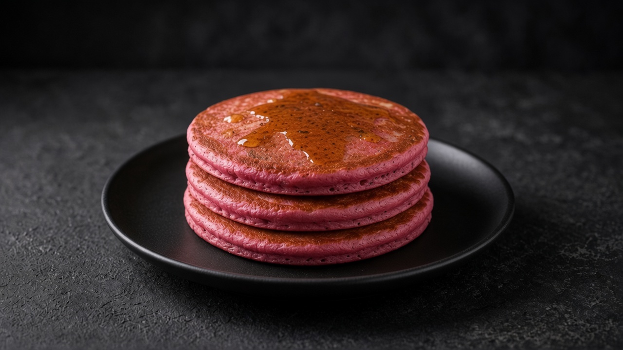 A stack of deep pink beetroot pancakes drizzled with maple syrup.