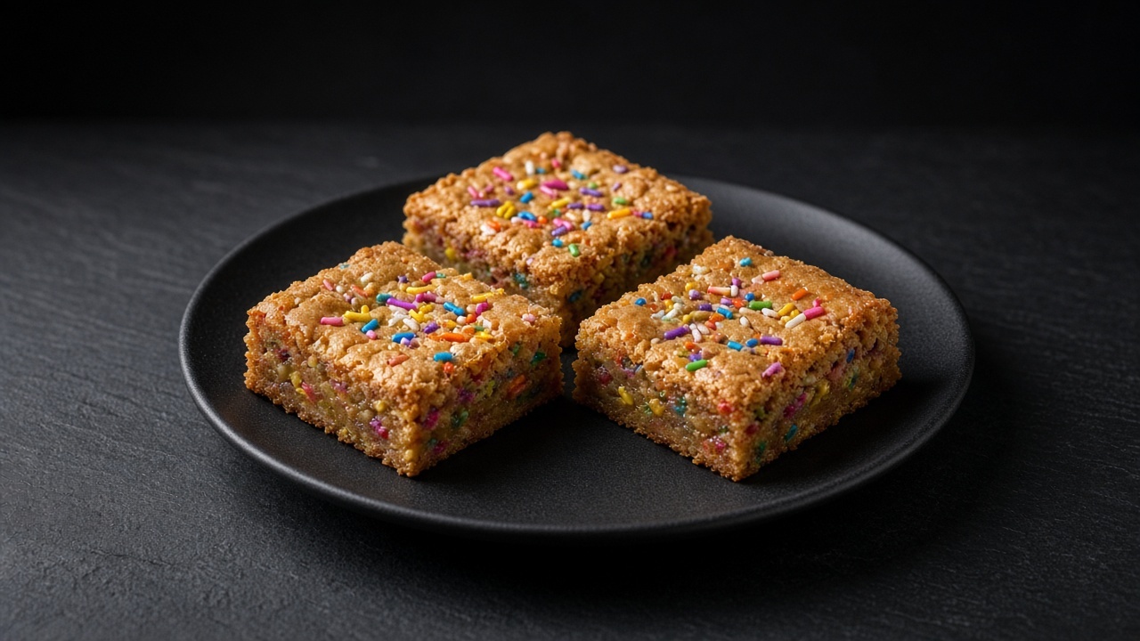 Golden blondie squares speckled with colourful rainbow sprinkles.