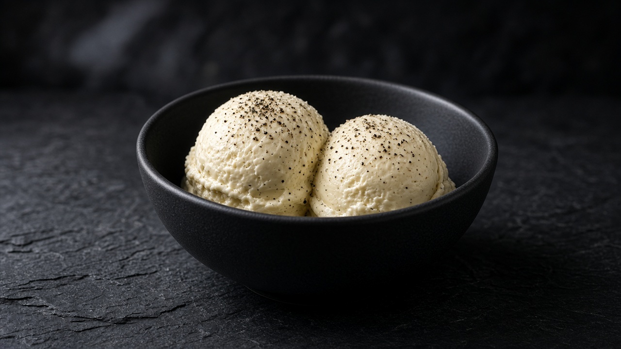 Two scoops of ivory custard ice cream finished with cracked black pepper in a black bowl.