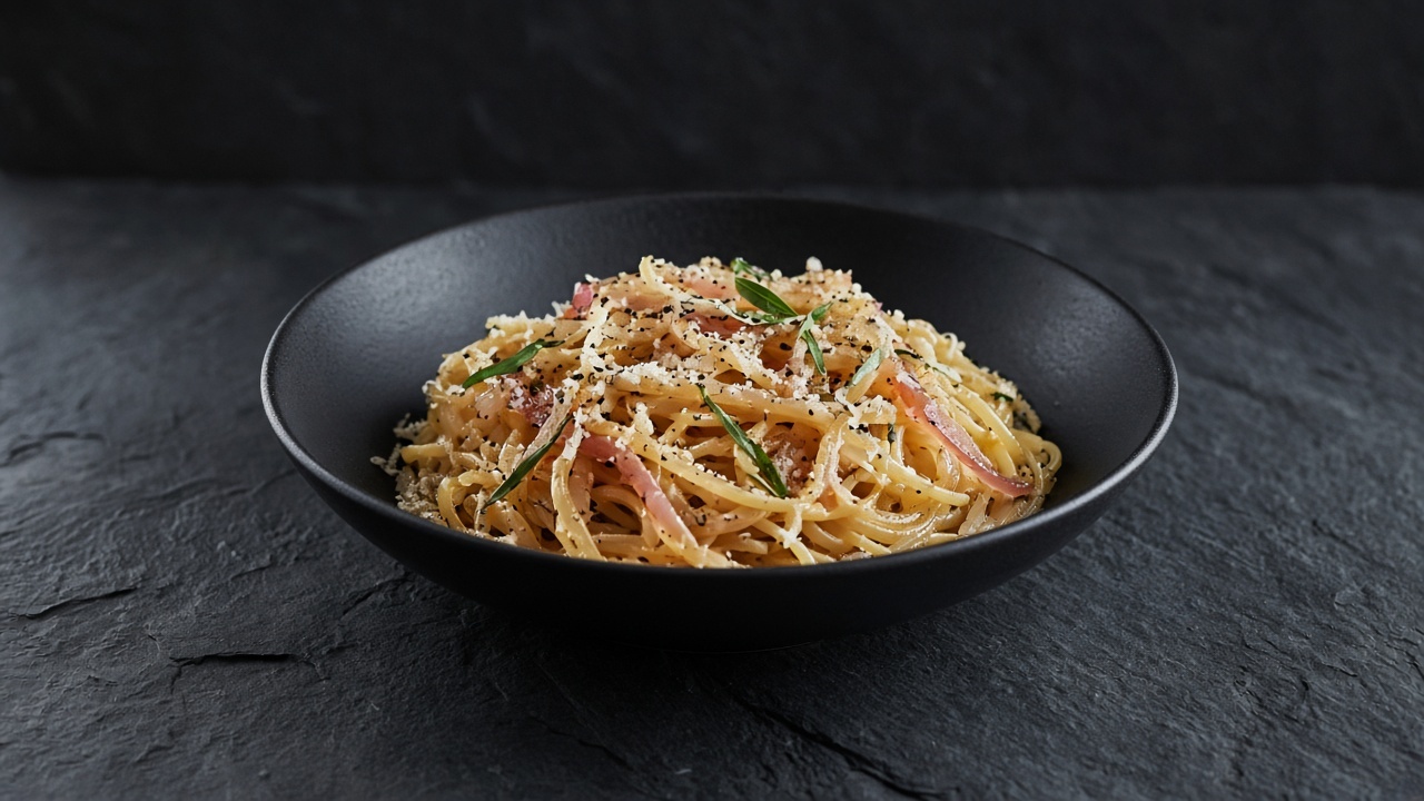 Spaghetti tangled with soft white and red onion strands, flecked with coarse black pepper, grated Parmesan and tarragon leaves.