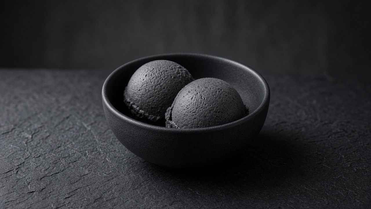 Two scoops of charcoal-grey black sesame custard ice cream in a black bowl.