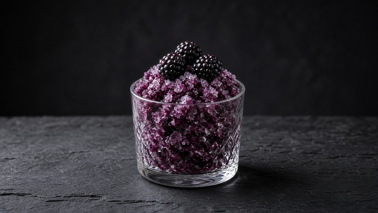 Deep purple blackberry granita in a small glass topped with three blackberries.