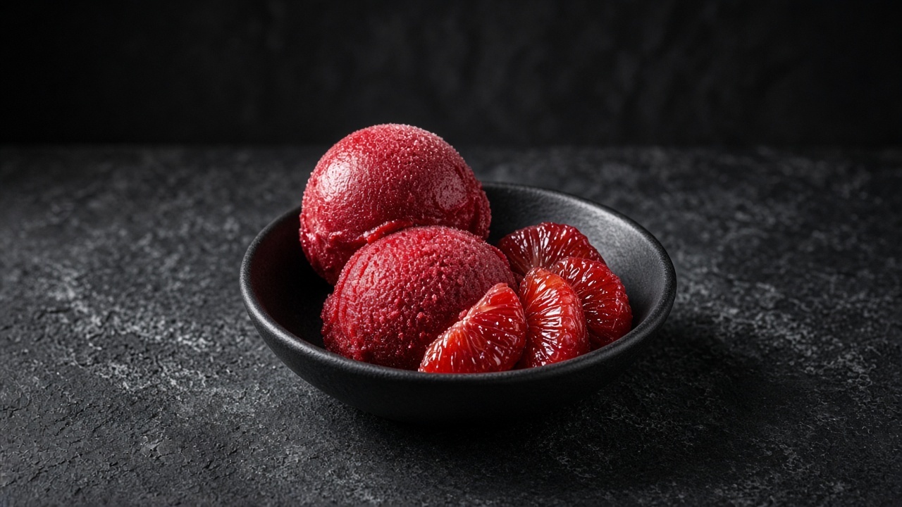 Two scoops of deep ruby blood orange sorbet with blood orange segments in a black bowl.