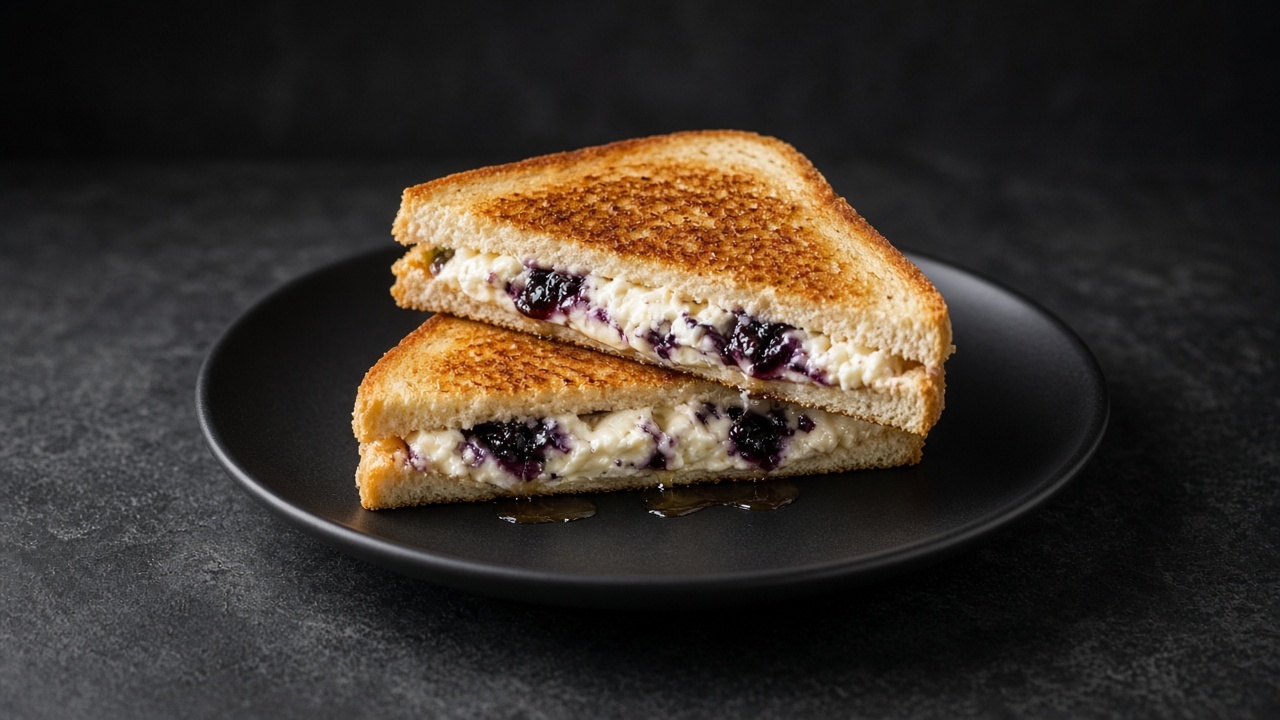 Triangles of golden fried sandwich revealing a purple-flecked blueberry cream cheese filling, drizzled with maple syrup.