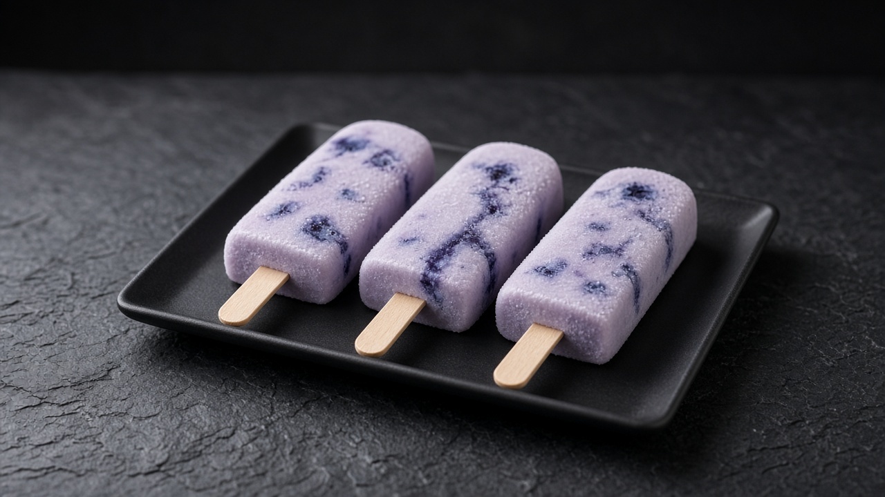Three pale purple blueberry cream ice pops streaked with deep blue on a black tray.
