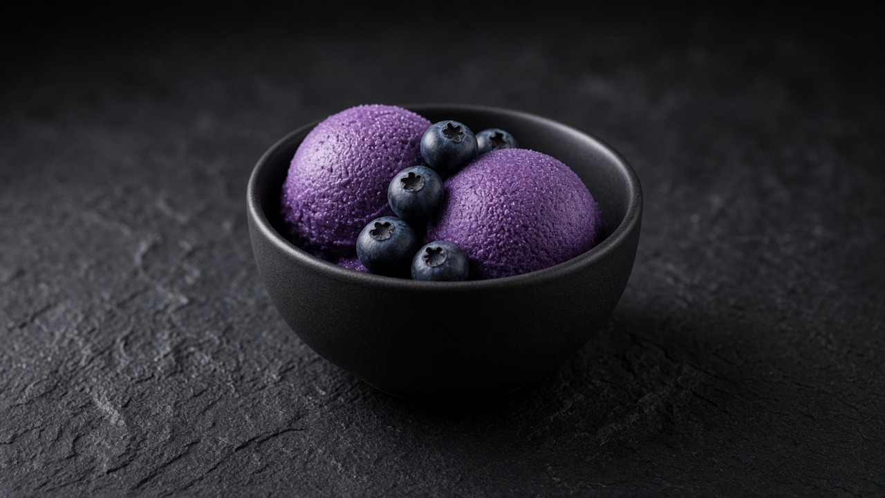 Two scoops of vivid violet blueberry sorbet topped with fresh blueberries in a black bowl.